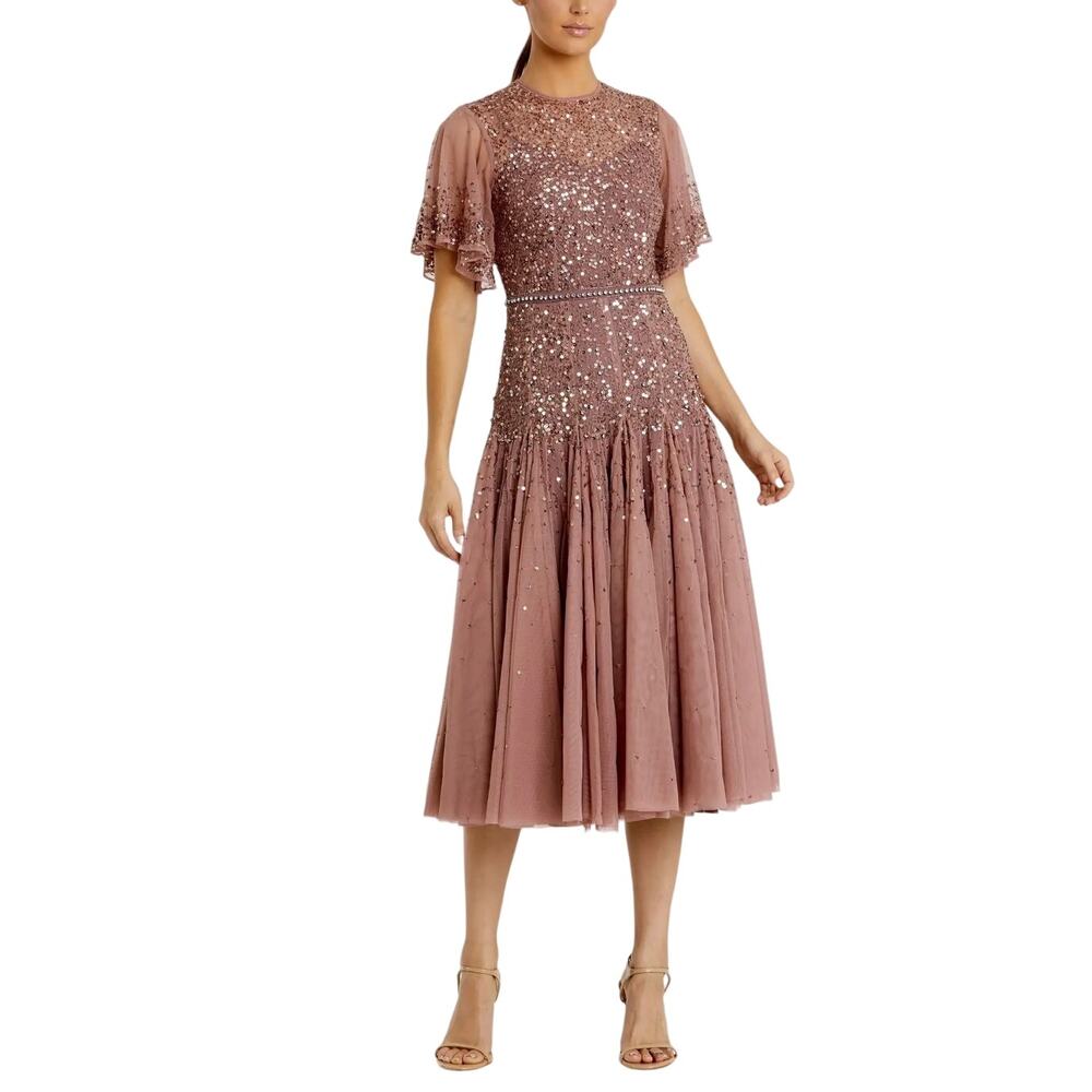 Mac Duggal 93655 Pink Cocktail Dress Sequined Short Sleeve A-Line Midi Size 8
